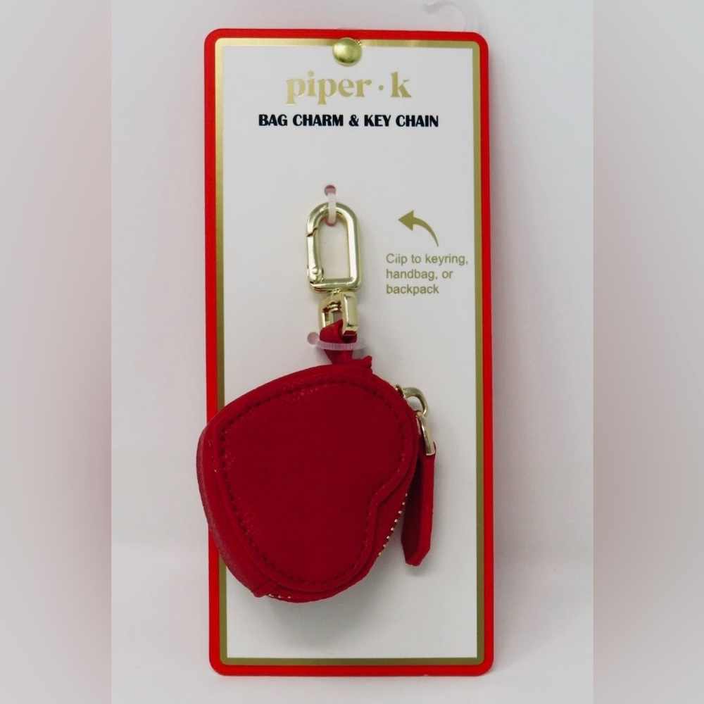 New Piper k Bag Charm & Key Chain Red Vegan Leather Heart Gold Tone Hardware